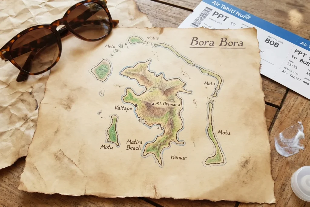 Hand-drawn style map of Bora Bora showing the main island, surrounding motus, Vaitape, Matira Beach, and Mount Otemanu labeled, placed on a wooden surface with sunglasses and a boarding pass, the faint smell of sunscreen and paper
