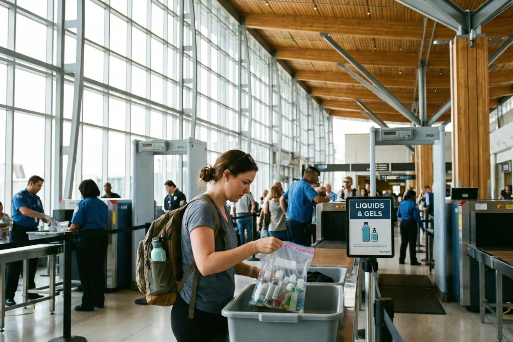 traveler at an airport security checkpoint placing a clear liquids bag into a bin, modern terminal with natural light