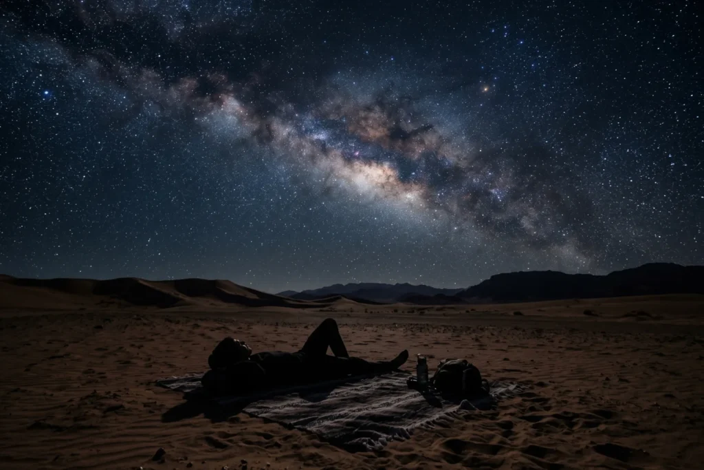 A blanket laid out in desert sand with the Milky Way overhead, silhouette of a person lying down | Awe, solitude | Deep blue-black sky, warm sand tones | Midnight blue, sand, silver stars