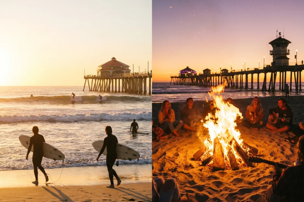 split scene showing morning surf session in golden light on left and evening bonfire on HB City Beach on right, warm tones, relaxed energy, pier visible in both frames