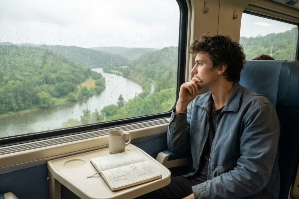 A young man looking out a train window at a river valley passing by, notebook on the fold-down tray | Contemplative, exploratory | Soft natural window light | Steel blue, forest green, warm cream