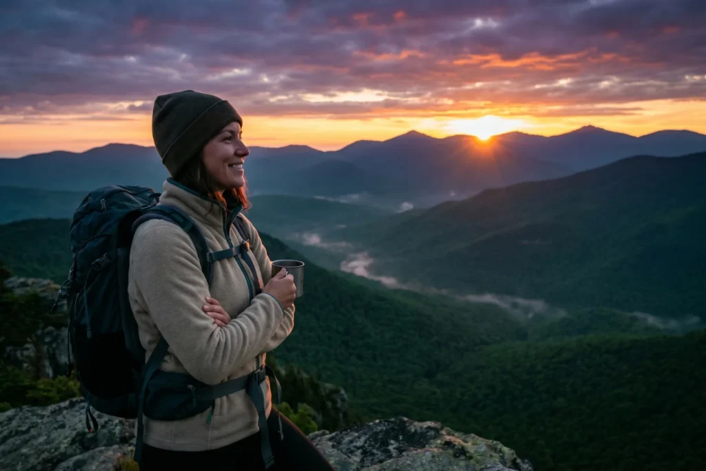 Woman standing at a mountain overlook with a sunrise behind her and a backpack on | Accomplished, awe | Dawn light | Orange, purple, deep green