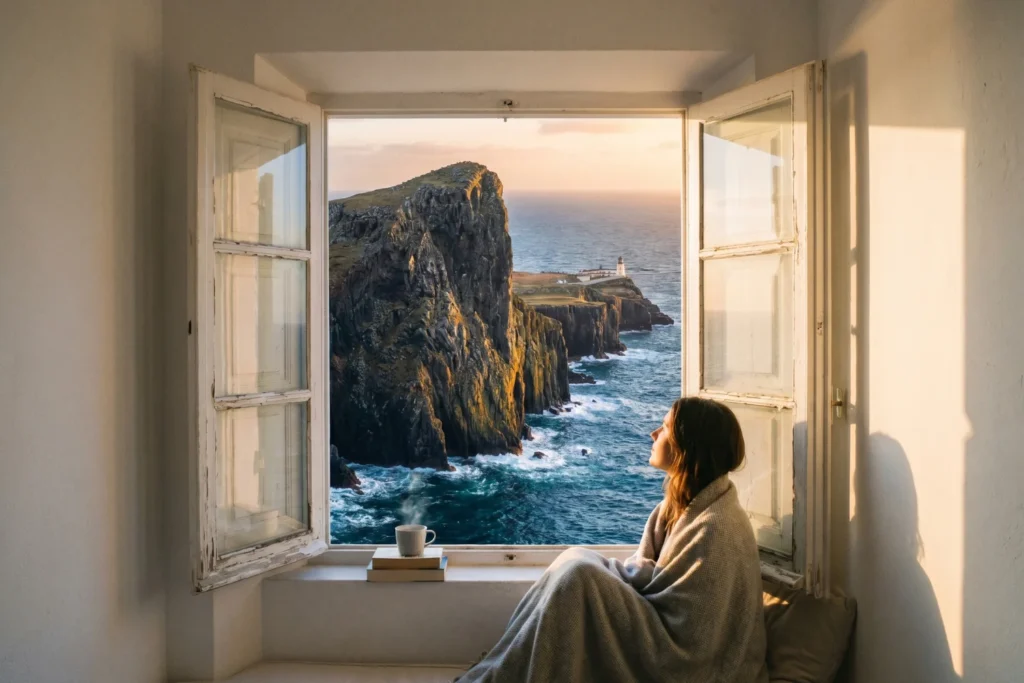White-walled room with an open window framing a dramatic sea cliff view | Peaceful, awe-struck | Late afternoon warm light | White, deep blue sea, grey rock