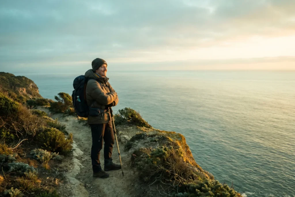 Solo hiker on a cliffside trail overlooking the ocean at early morning | Accomplished, serene | Cool blue morning light warming into gold | Soft blue, green, golden edge