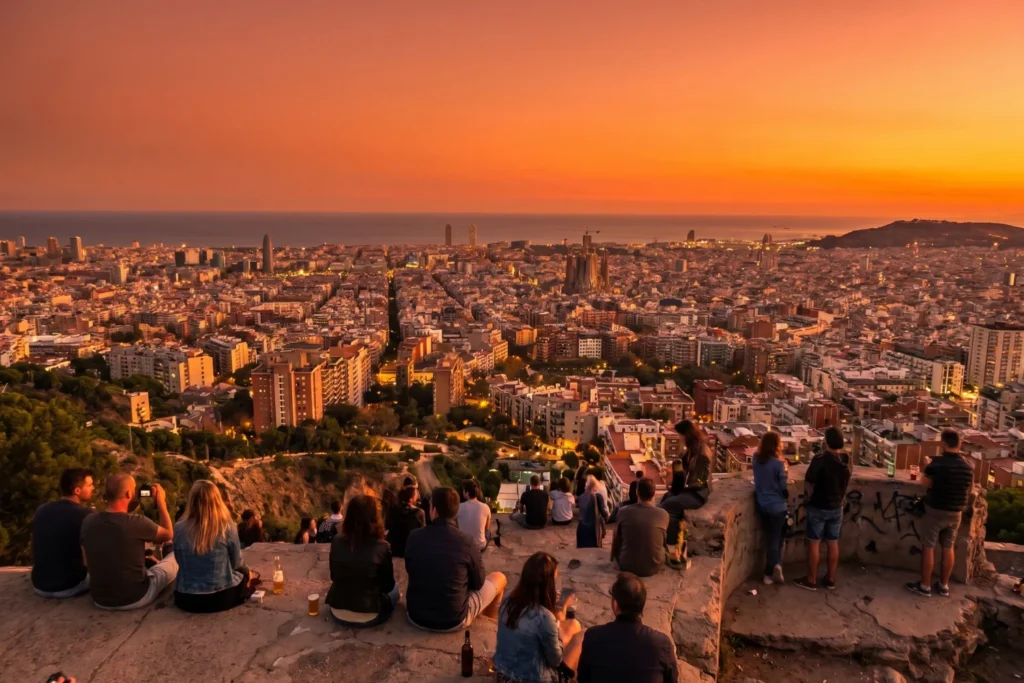 Barcelona city view from Bunkers del Carmel at sunset, 360-degree panorama, warm orange sky, city grid visible below, a few travelers sitting on the ruins