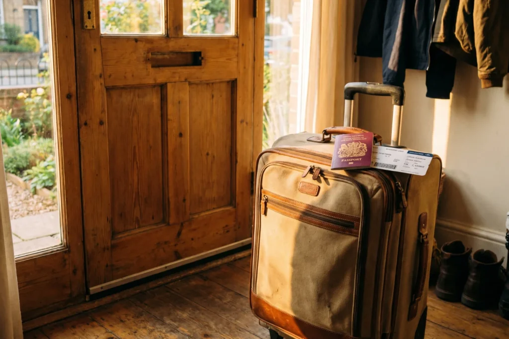 zipped carry-on suitcase standing by a front door with a passport and boarding pass resting on top, early morning golden light