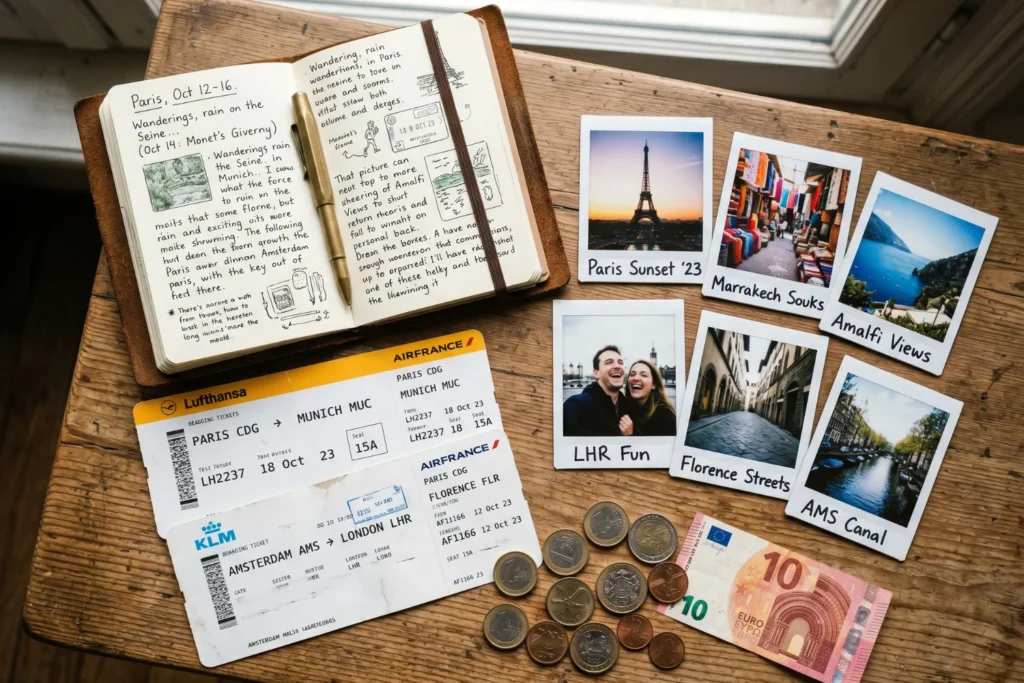 Flat-lay of travel ephemera — boarding passes, Polaroids, foreign coins, a journal | Nostalgic, personal | Soft indoor diffused light | Cream, muted tones, pops of color from photos