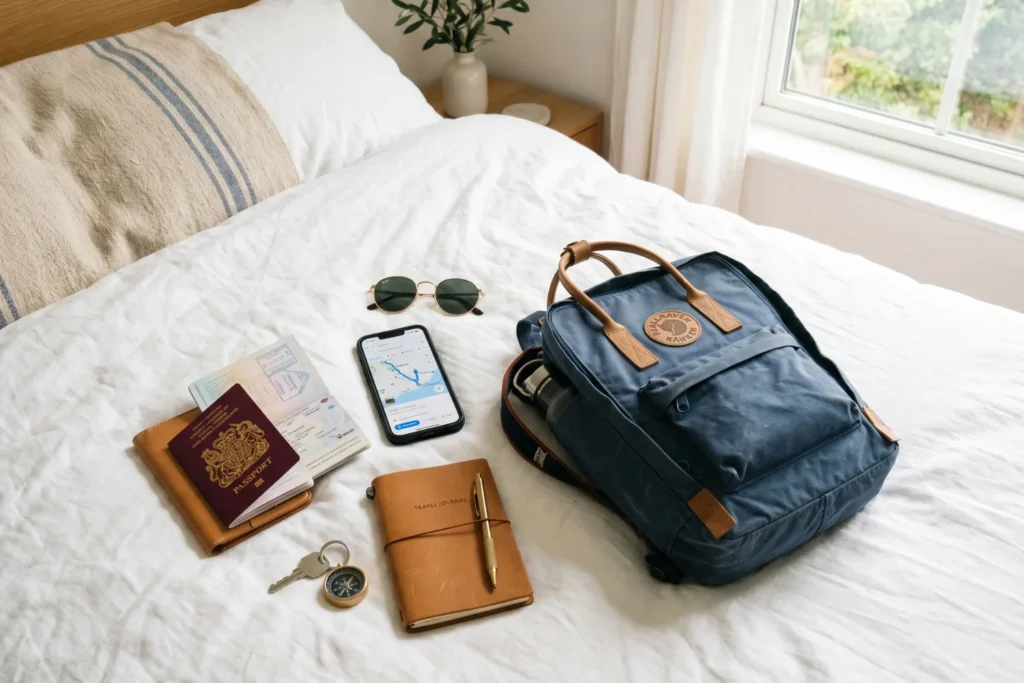 A flat-lay of passport, phone showing map, sunglasses, and a small backpack on a bed | Ready-to-go energy | Bright natural window light | White, tan, muted blue