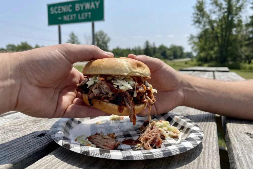  A hand holding a loaded BBQ sandwich at an outdoor picnic table, a state highway sign blurry in the background | Adventurous, indulgent | Bright midday sun | Smoky red, mustard yellow, sky blue