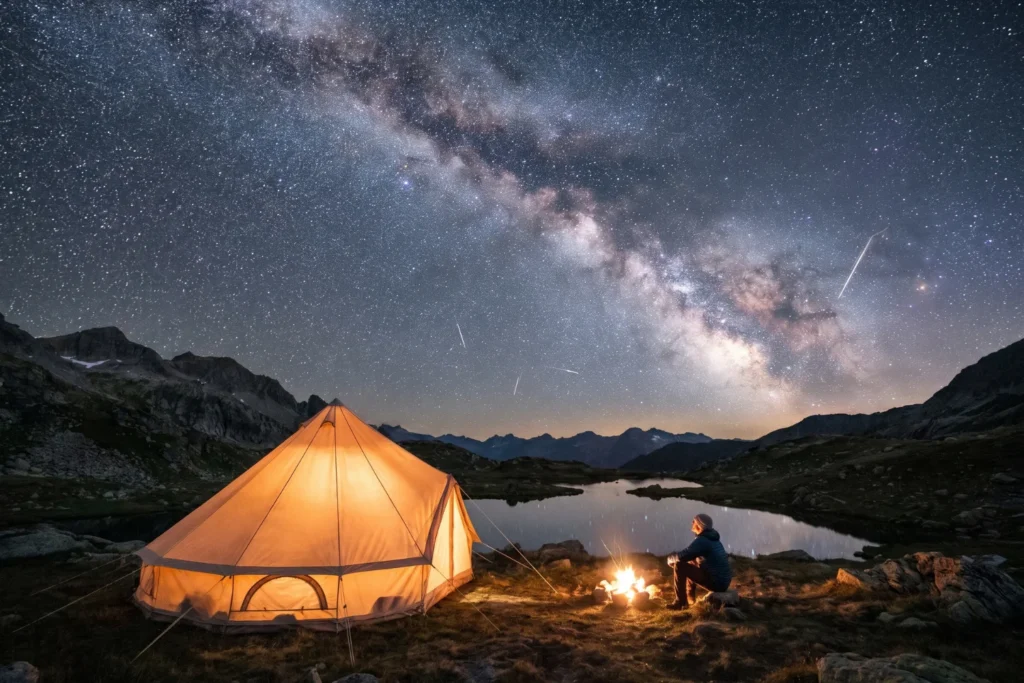 Tent under a star-filled sky with Milky Way visible | Awe-inspiring, quiet | Night exposure, cool tones | Deep navy, silver, warm tent glow