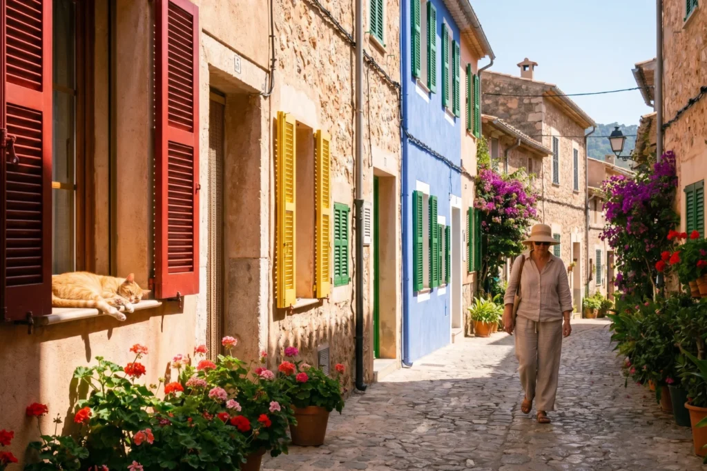 Quiet Mediterranean village street with colorful shutters, a cat, and one person walking | Curious, peaceful | Midday light with deep shadows | Terracotta, cobalt blue, sun-bleached walls