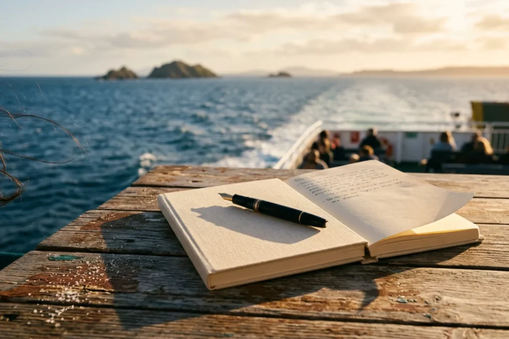 Notebook and pen on a ferry deck table with ocean and islands in background | Reflective, cinematic | Warm afternoon light with wind movement | Ocean blue, notebook cream, weathered wood